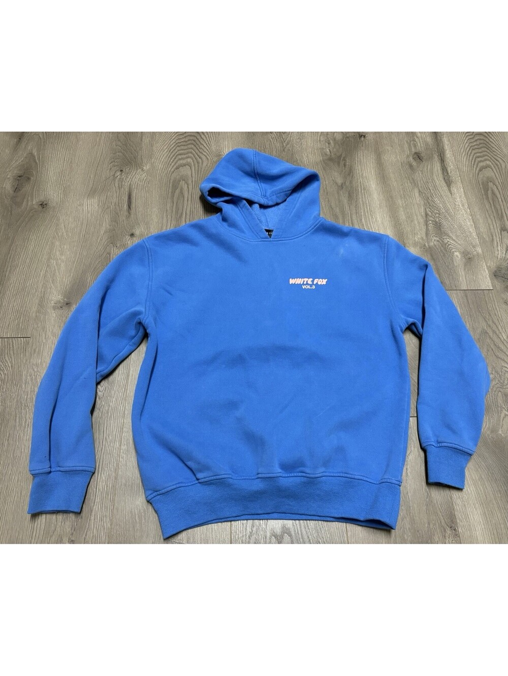 Women’s Blue Fleece Pullover Hoodie XS Small Hooded White Fox Vol.3 Pink Logo